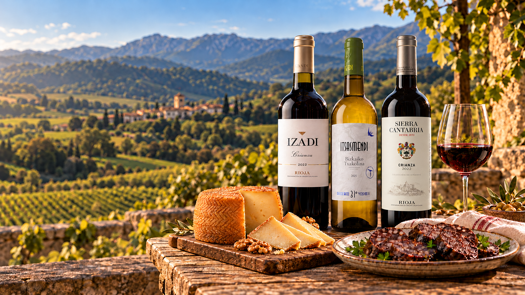 Vinos Izadi Crianza 2022, Itsas Mendi 2025 y Sierra Cantabria Crianza 2022 junto a queso Idiazabal y morcilla de Burgos, sobre una mesa a la derecha de un paisaje de viñedos